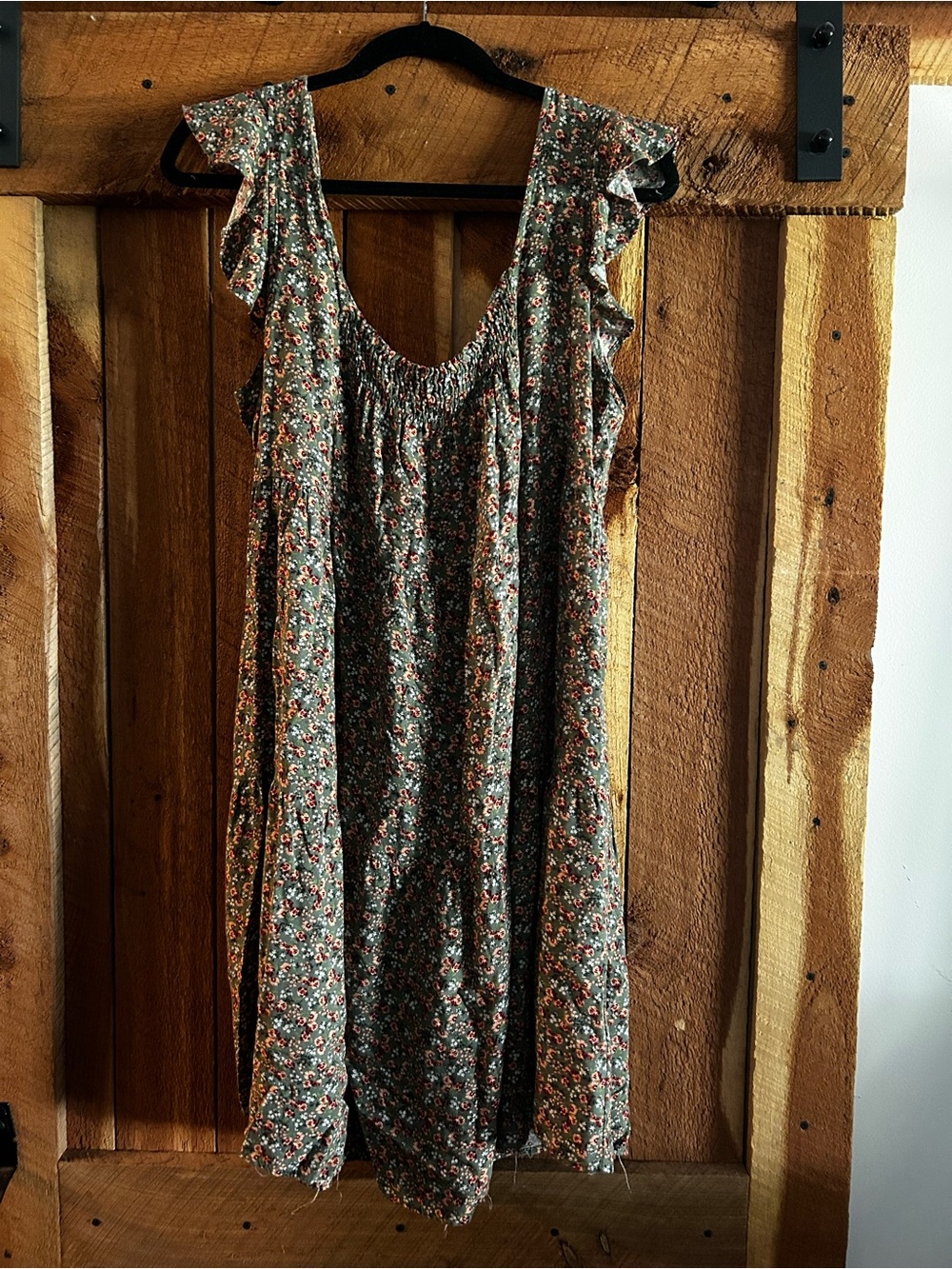 Floral Ruffle-Strap Mini Dress in Olive Multi